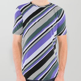 [ Thumbnail: Eyecatching Grey, Dark Slate Gray, Slate Blue, Lavender, and Black Colored Lines/Stripes Pattern All Over Graphic Tee ]