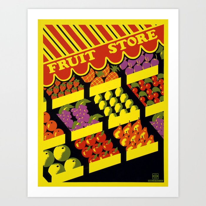Vintage colorful corner city fruit store bodega with melons, bananas, apples, pears, cherries, and blueberries advertising poster Art Print