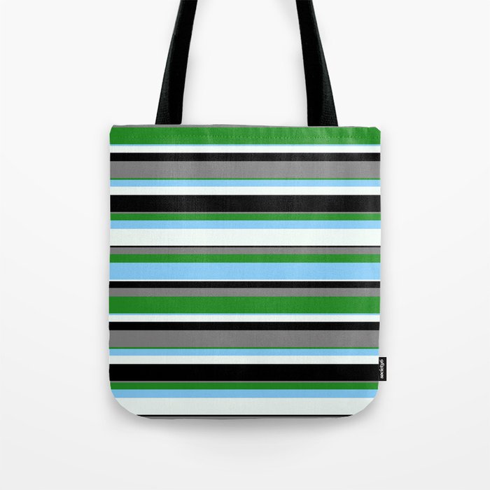 Gray, Forest Green, Light Sky Blue, Mint Cream & Black Colored Lines/Stripes Pattern Tote Bag