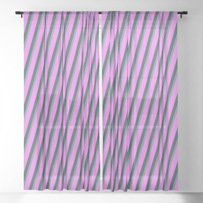 Violet, Dark Slate Gray, and Light Slate Gray Colored Striped Pattern Sheer Curtain