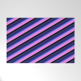 [ Thumbnail: Vibrant Midnight Blue, Royal Blue, Violet, Black, and White Colored Pattern of Stripes Welcome Mat ]