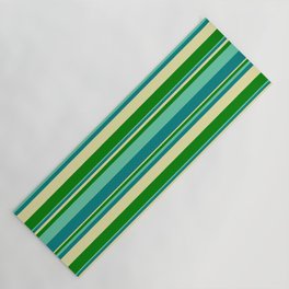 [ Thumbnail: Aquamarine, Teal, Pale Goldenrod, and Green Colored Striped Pattern Yoga Mat ]