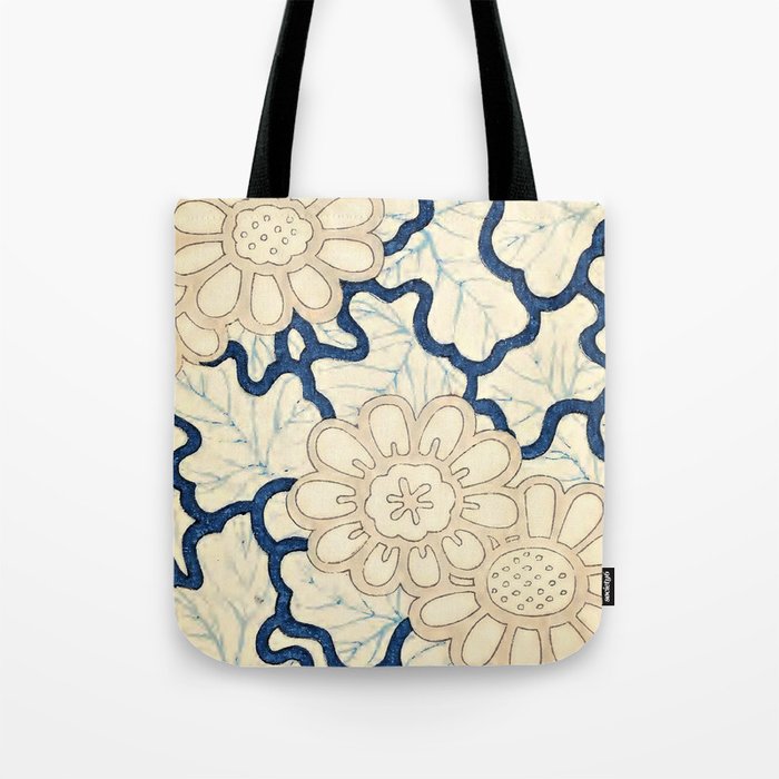 Blue Leaves and White Flowers Antique Japanese Print Tote Bag