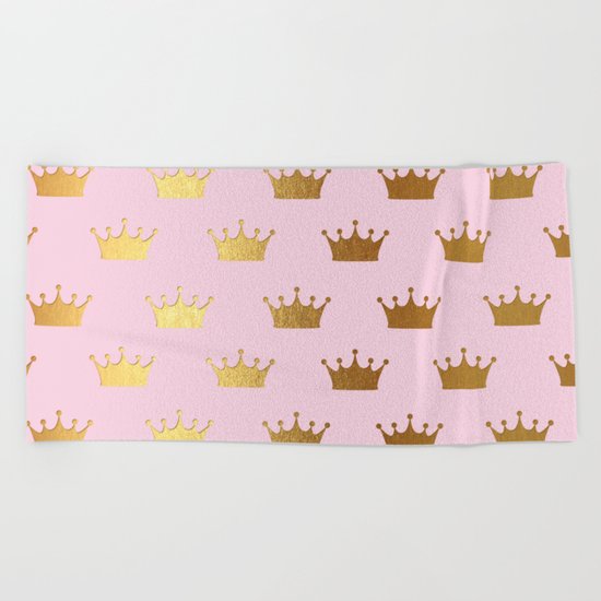 Gold Glitter effect crowns on pink - Royal Pattern for Princesses on #Society6 Beach Towel