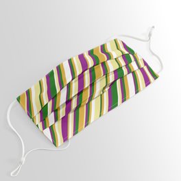[ Thumbnail: Tan, Purple, Dark Green, Goldenrod, and White Colored Lined/Striped Pattern Face Mask ]