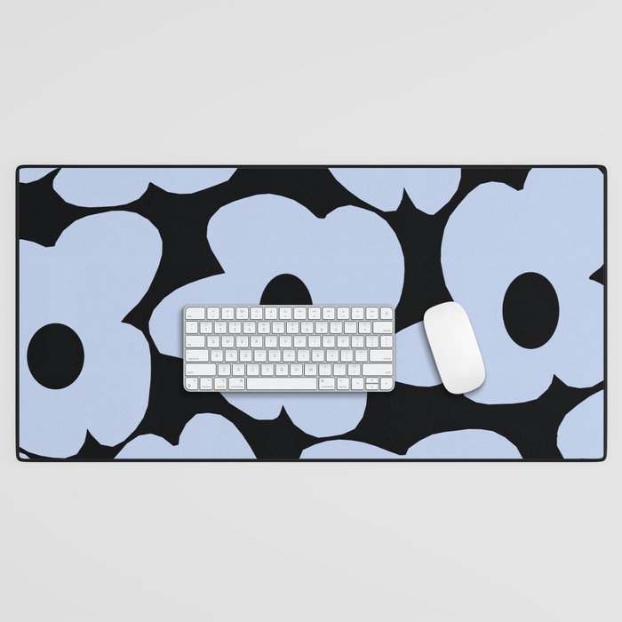 Baby Blue Retro Flowers on Black Background #decor #society6 #buyart Desk Mat