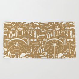 White Old-Fashioned 1920s Vintage Pattern on Gold Brown Beach Towel