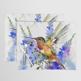 Alen's Hummingbird and Blue Flowers, floral bird design birds, watercolor floral bird art Placemat