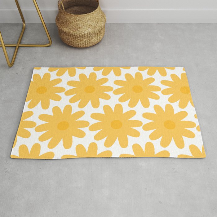Crayon Flowers Cheerful Floral Pattern in Mustard Yellow and White Rug