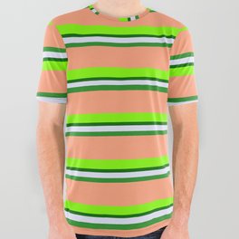 [ Thumbnail: Colorful Lavender, Forest Green, Light Salmon, Chartreuse, and Dark Green Colored Lined Pattern All Over Graphic Tee ]