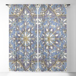 Ornamental Ethnic Bohemian Pattern XII Cobalt Gold Sheer Curtain