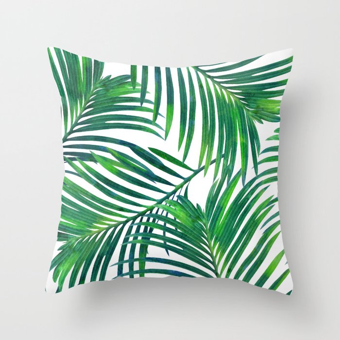 Palm Paradise, Tropical Leaves, Beachy Watercolor Painting, Minimal Nature Botanical Illustration Throw Pillow