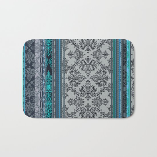 Teal, Aqua & Grey Vintage Bohemian Wallpaper Stripes Bath Mat