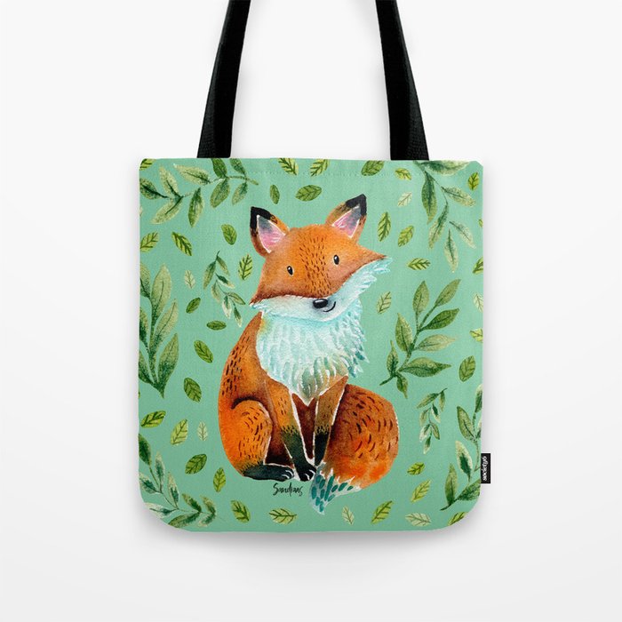 Cute Fox with Green Leaves Watercolor Light Green Tote Bag