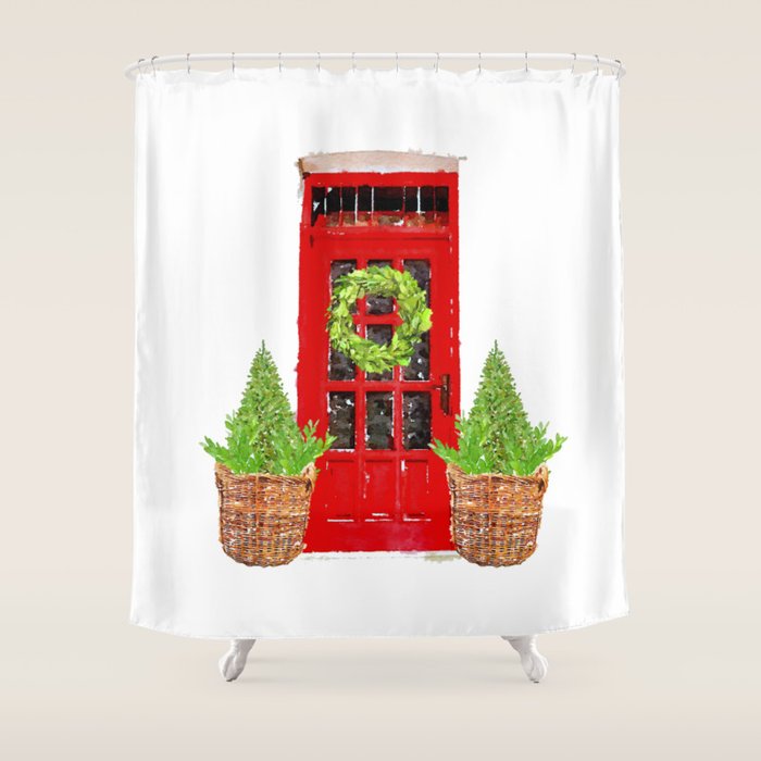 Red Christmas Door With Boxwood Wreath Shower Curtain By