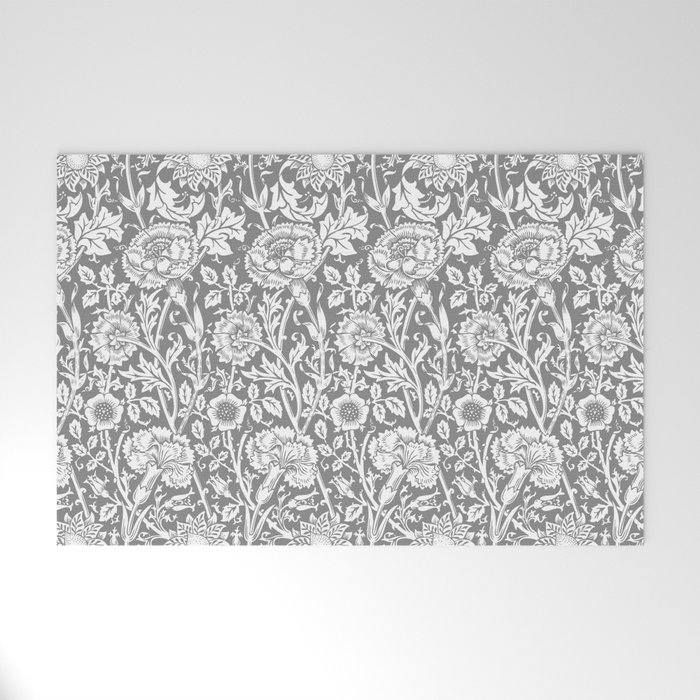 William Morris Floral Pattern | “Pink and Rose” in Grey and White | Vintage Flower Patterns | Welcome Mat