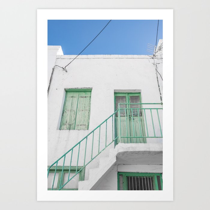 Stairway to home / Aqua green details on Greek Cycladic architecture Art Print