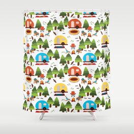 Campsite with caravans, campfire, camping chairs, trees, carpet, birds. Camping in the forest. Campground. RV. Camp night. Big scale. Shower Curtain