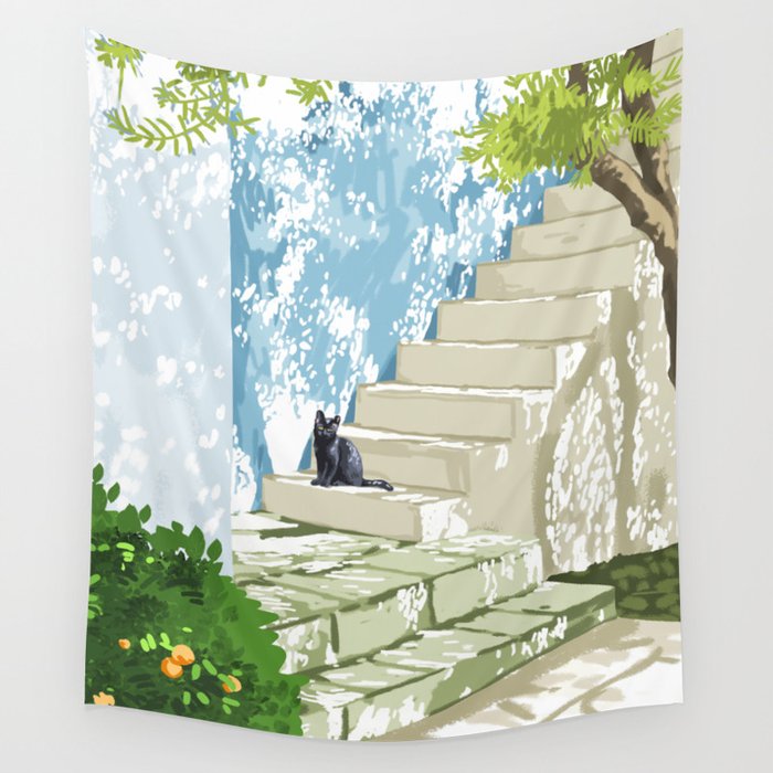 Black cat on the steps Poster, Greece Santorini summer travel pet painting Wall Tapestry