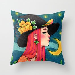 Witch with bird at night Throw Pillow