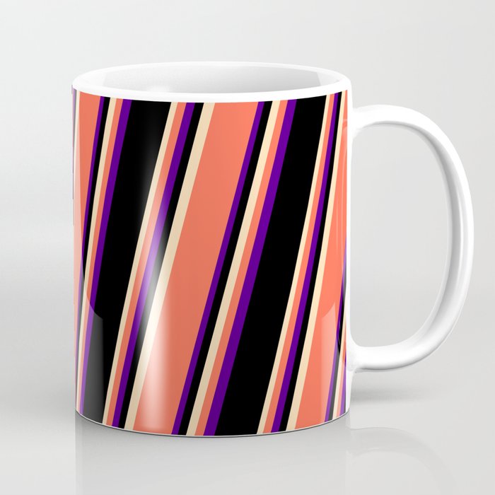 Tan, Red, Indigo, and Black Colored Striped/Lined Pattern Coffee Mug