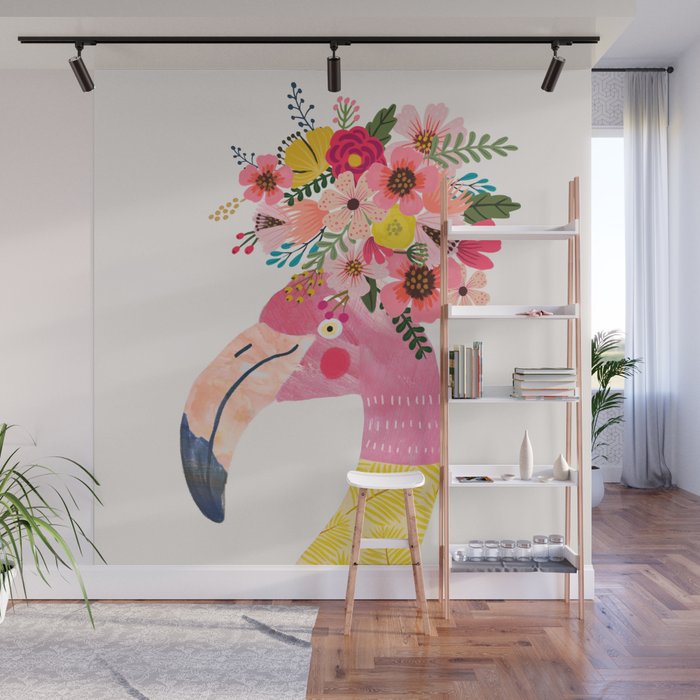 Pink flamingo with flowers on head Wall Mural