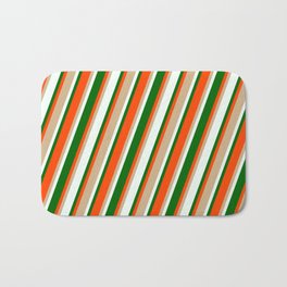 [ Thumbnail: Tan, Mint Cream, Dark Green & Red Colored Stripes Pattern Bath Mat ]