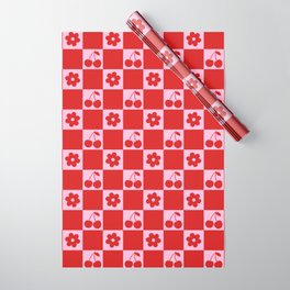 Cherry Flowers Pink & Red Checker Wrapping Paper