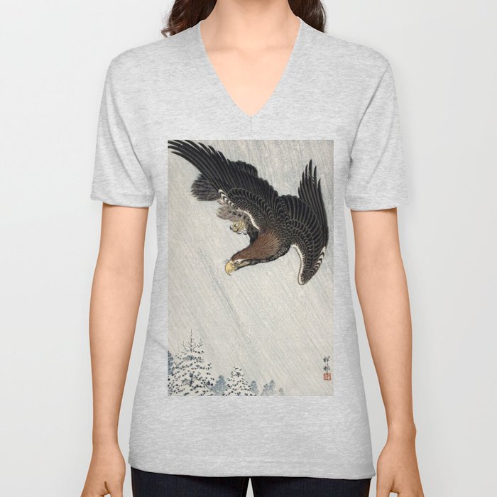 Eagle Flying in Snow Ohara Koson V Neck T Shirt