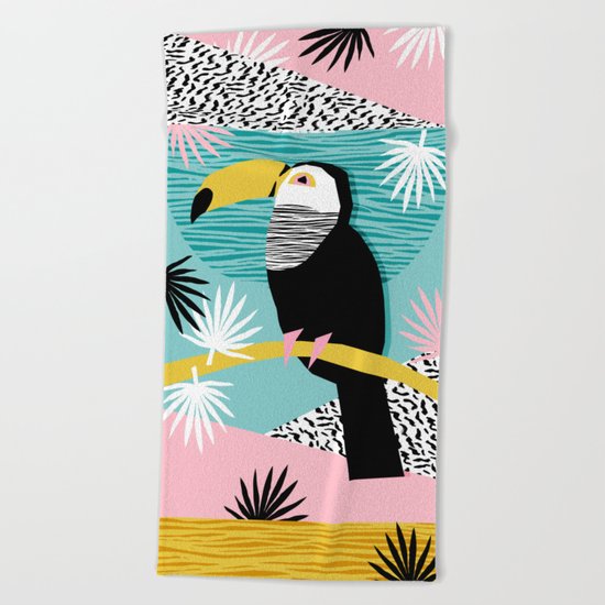 Loopy - wacka designs abstract bird toucan tropical memphis throwback retro neon 1980s style pop art Beach Towel