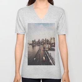 New York City | NYC Skyline and Brooklyn Bridge | Film Style Photography V Neck T Shirt