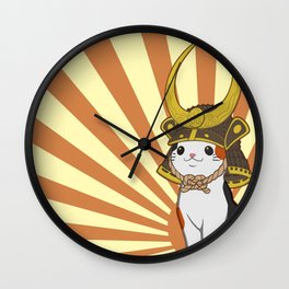 Japanese Bobtail Cat Wears Samurai Hat Wall Clock