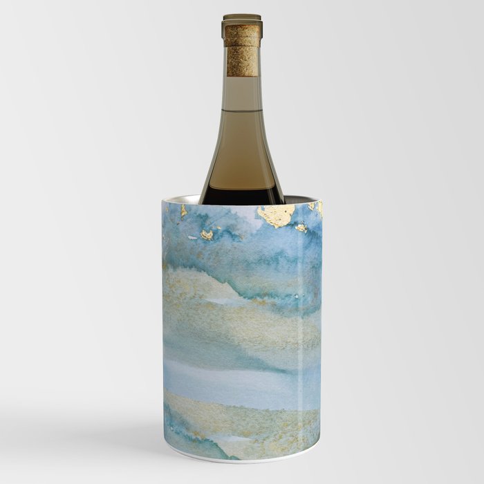 Watercolor gold glitter splatters sky blue brush strokes  Wine Chiller