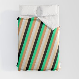 [ Thumbnail: Eye-catching Green, Brown, Mint Cream, Tan, and Black Colored Lines/Stripes Pattern Duvet Cover ]