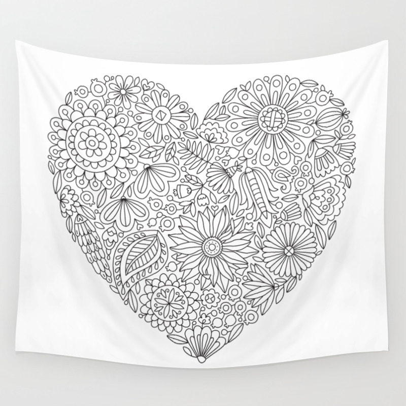 Flowers Heart Coloring Page Flourish And Bloom Wall Tapestry By Annagrunduls