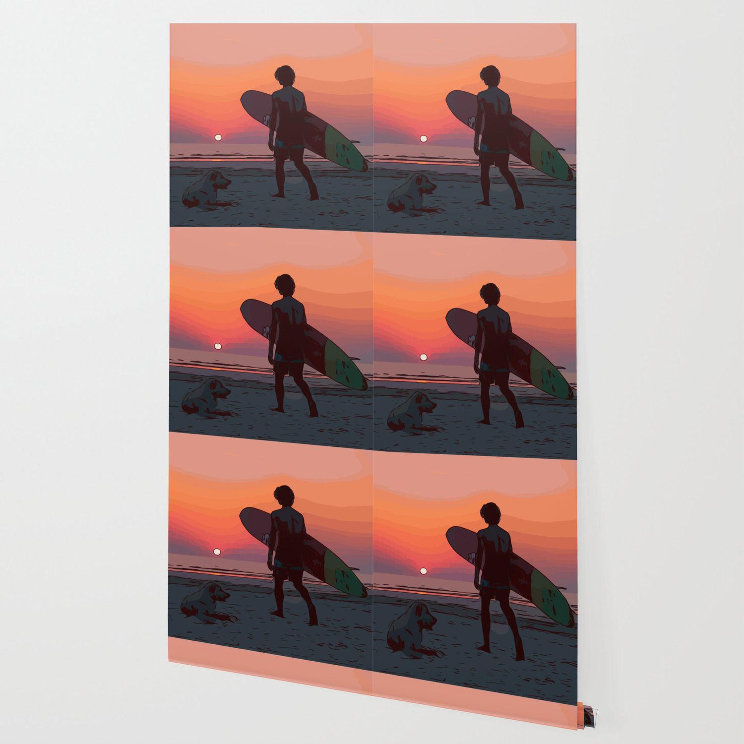 Surf Dude With Dog At The Sea By Sunset Wallpaper By Theartkroep Society6