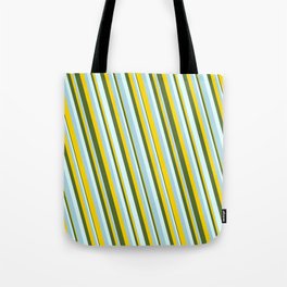 [ Thumbnail: Light Blue, Yellow, Dark Olive Green & Light Cyan Colored Lined/Striped Pattern Tote Bag ]