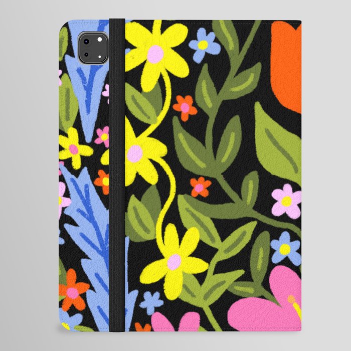 Folk Art Flowers Mountain Floral On Black iPad Folio Case
