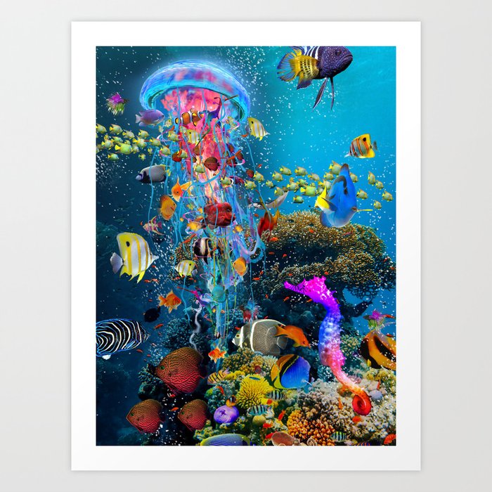 Electric Jellyfish at a Reef Art Print