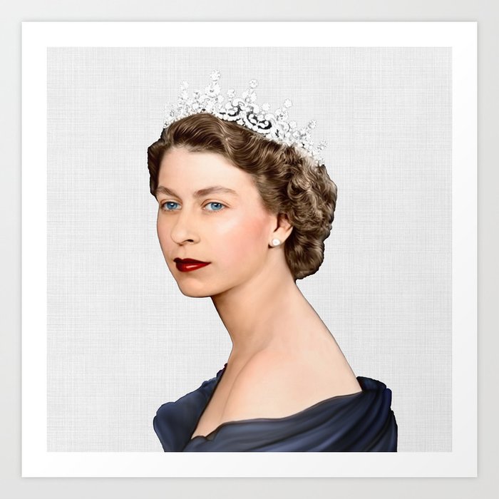 Queen Elizabeth II blue satin grey linen background Art Print