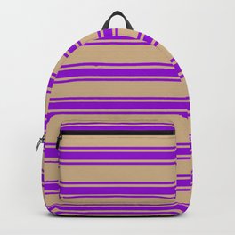 [ Thumbnail: Tan and Dark Violet Colored Lined/Striped Pattern Backpack ]