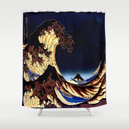 The GREAT Wave Midnight Blue Brown Shower Curtain