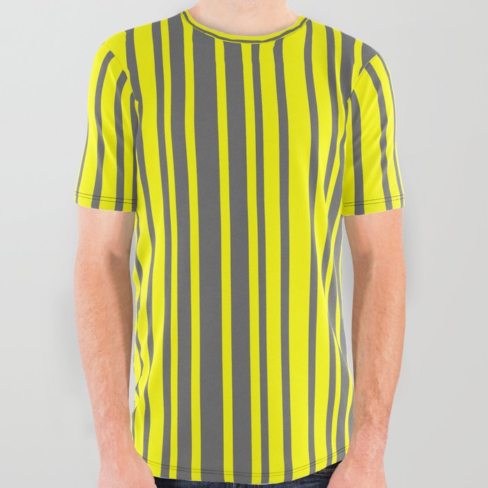 Yellow and Dim Grey Colored Stripes/Lines Pattern All Over Graphic Tee