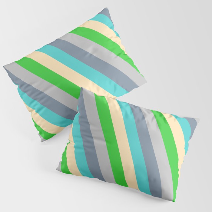 Eyecatching Grey, Light Slate Gray, Turquoise, Beige & Lime Green Colored Stripes/Lines Pattern Pillow Sham