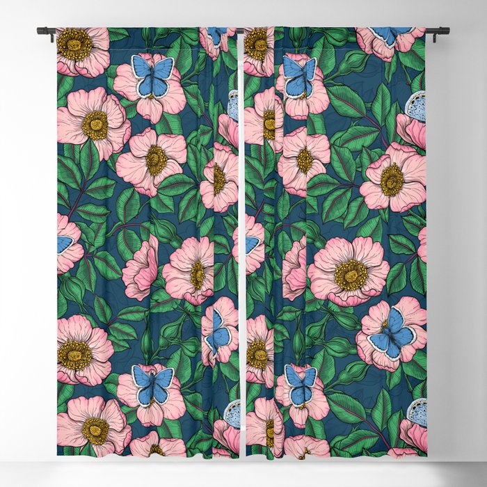 Dog rose and butterflies  Blackout Curtain