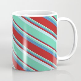 [ Thumbnail: Powder Blue, Aquamarine, Blue, and Red Colored Lined/Striped Pattern Coffee Mug ]