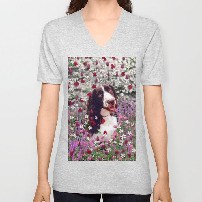 Lady in Flowers - Brittany Spaniel Dog V Neck T Shirt