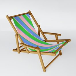 [ Thumbnail: Cornflower Blue, Light Pink & Lime Green Colored Lined/Striped Pattern Sling Chair ]
