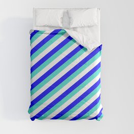[ Thumbnail: Turquoise, White & Blue Colored Stripes/Lines Pattern Comforter ]