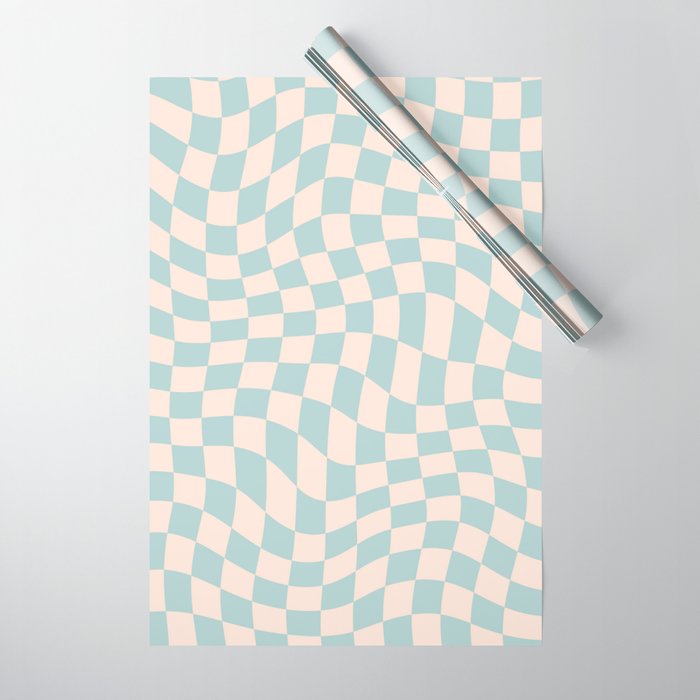 Retro Danish Pastel Light Blue Warped Checkerboard Wrapping Paper
